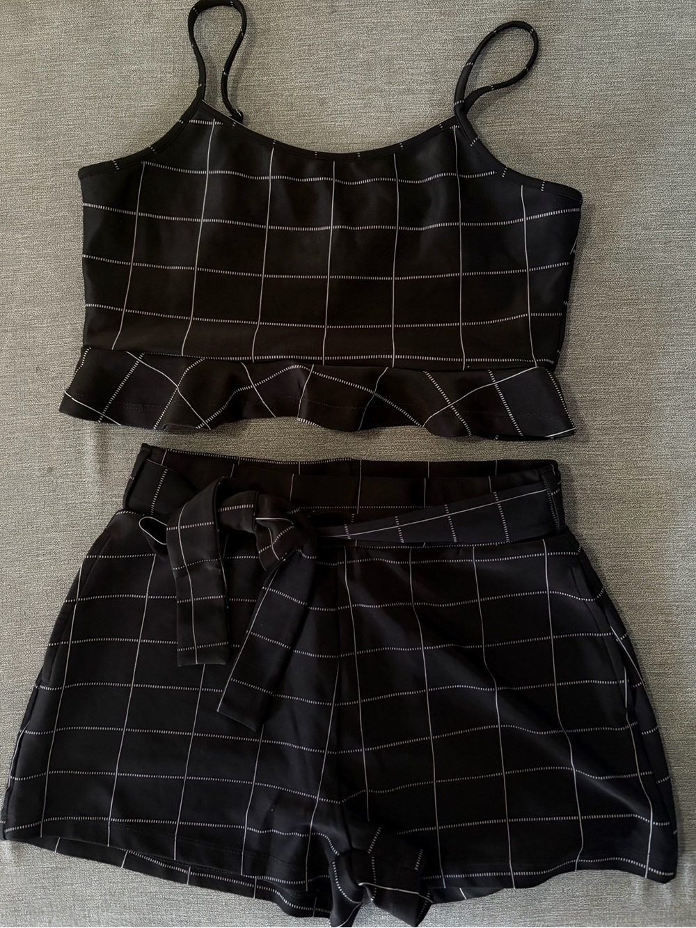 Black Windowpane Two-Piece Crop Top & Shorts Set